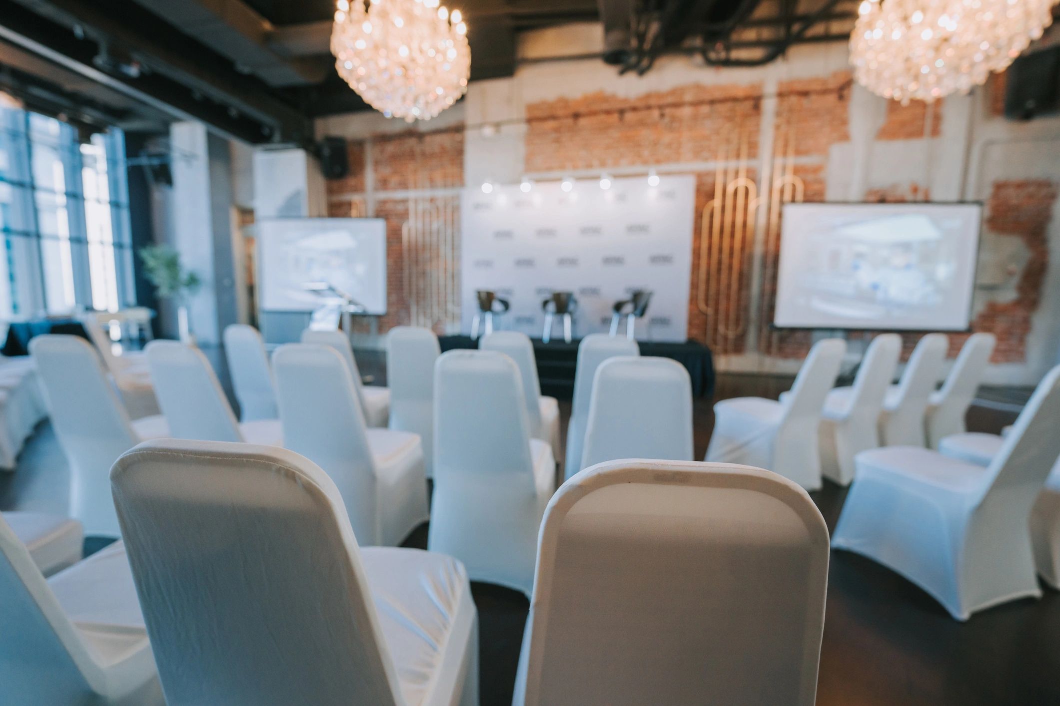 Professional event setup with stage and seating